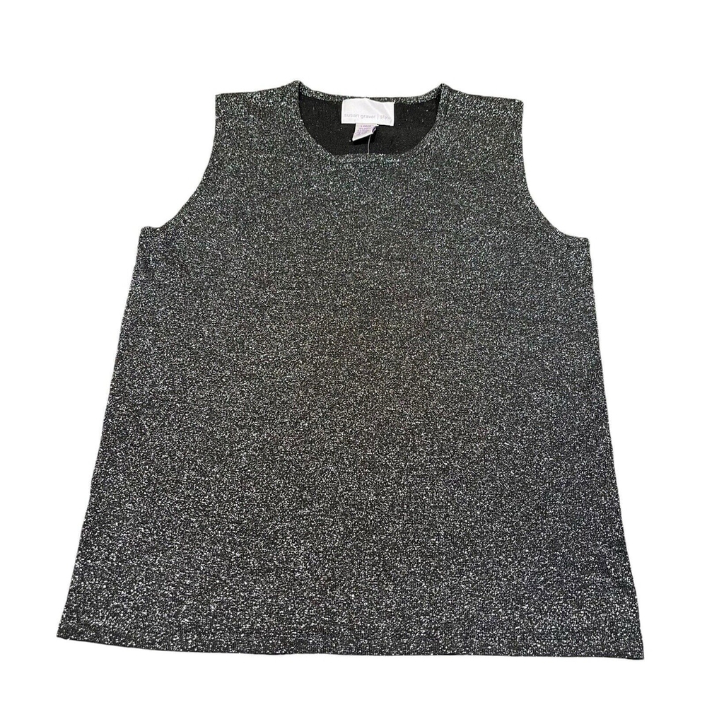 Susan Graver Style Black Silver Metallic Sweater Tank Grannycore Cocktail XL NWT